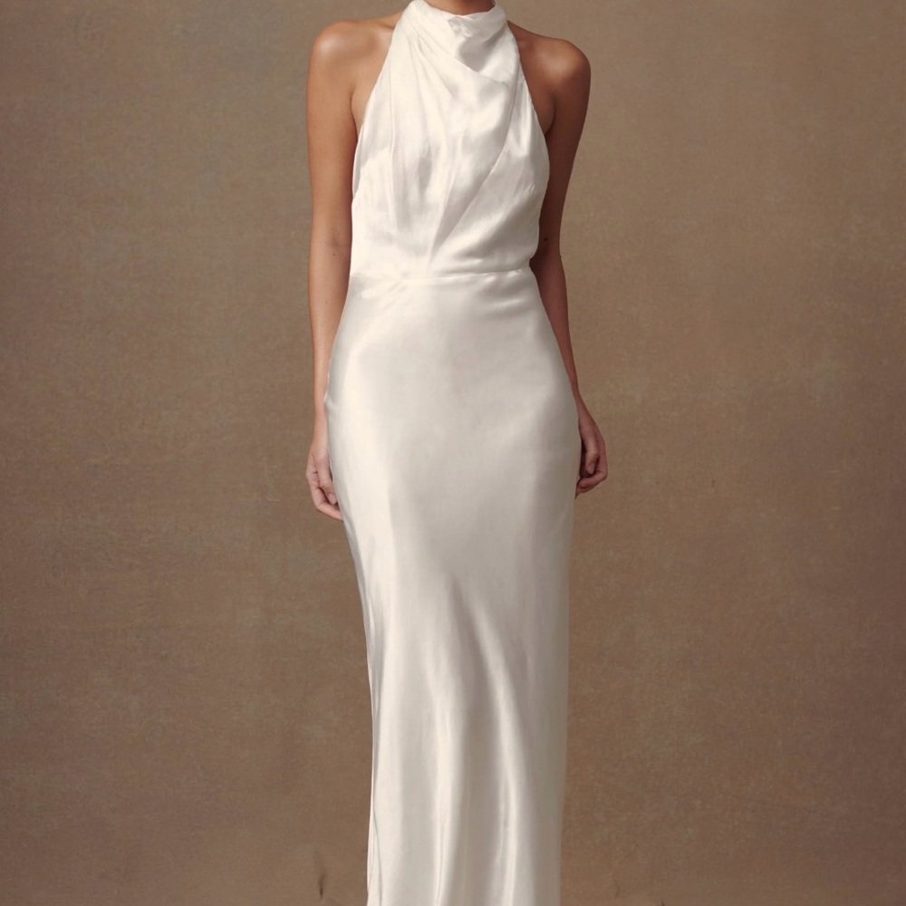 Meshki Cream Halter Satin Maxi Dress